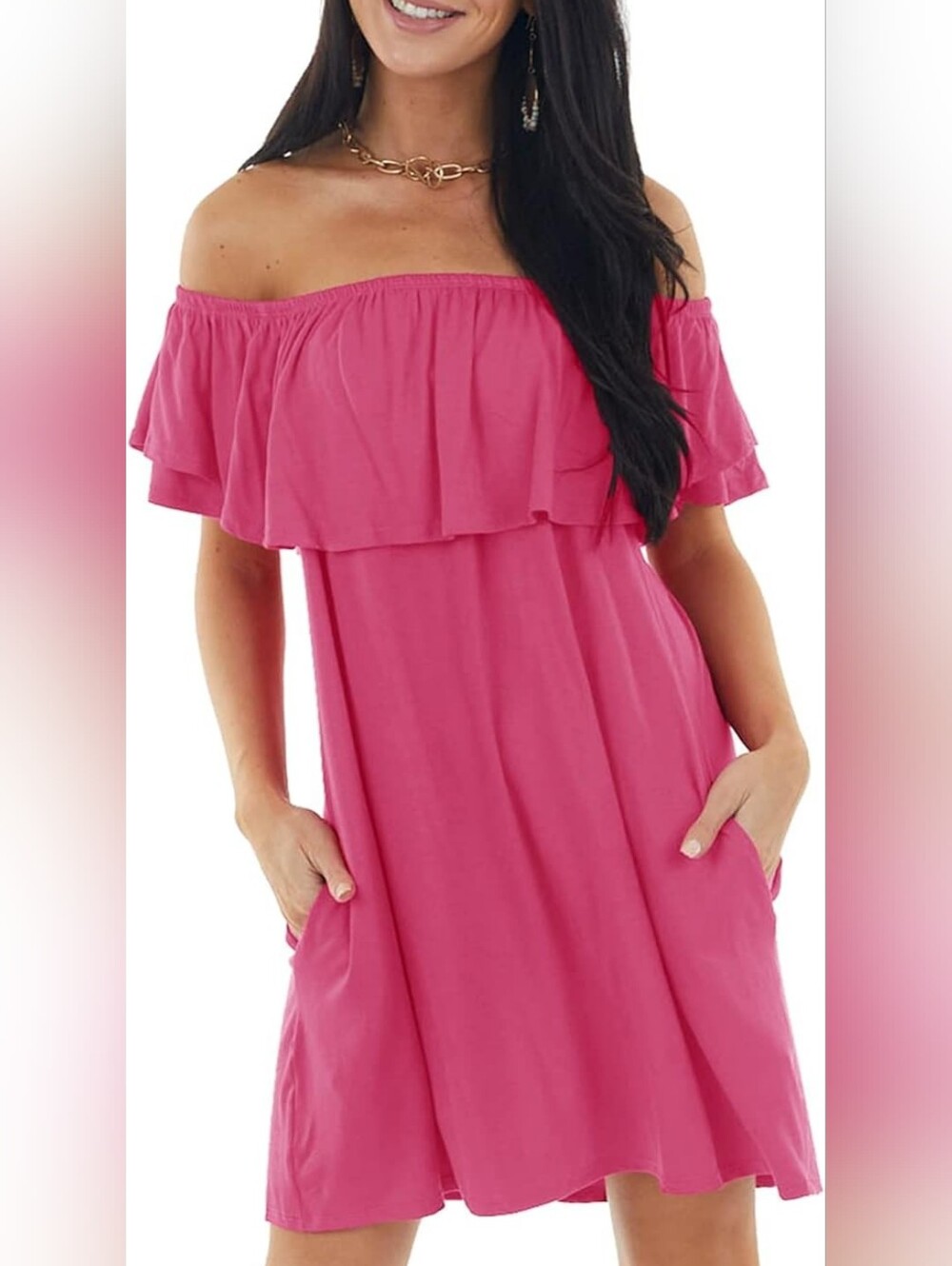 west loop Hot Pink Off-Shoulder Ruffle Dress